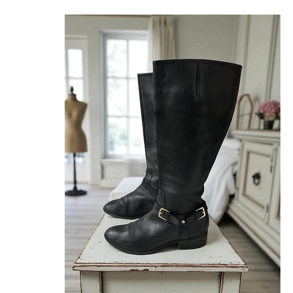 Ralph Lauren Black Leather Riding Boots Size 6.5 Gold Buckle Knee High